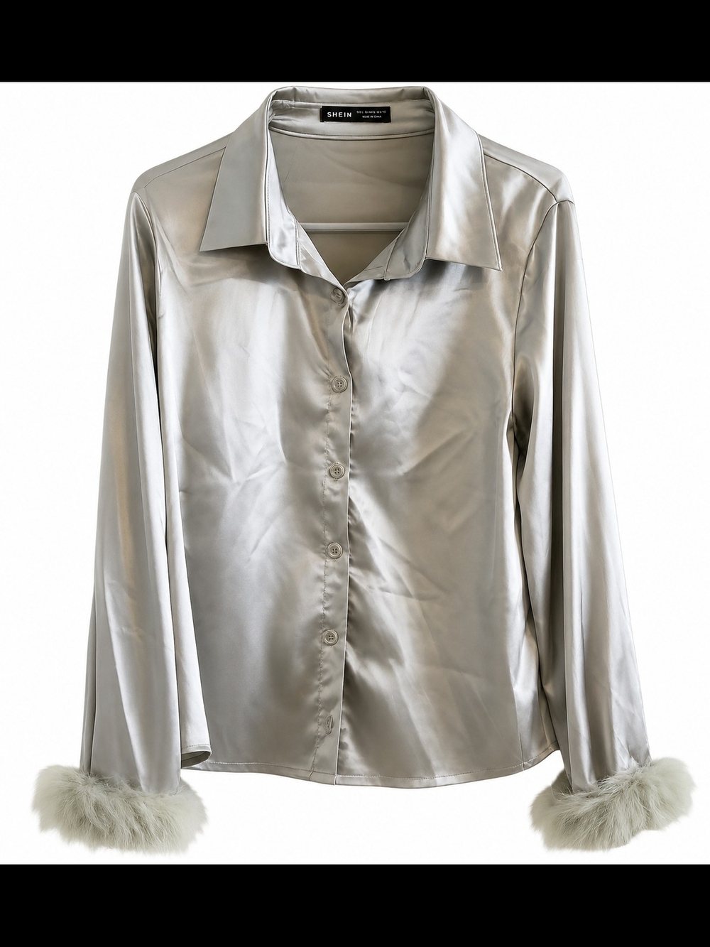 SHEIN Silver Satin Button-Up Blouse with Fur Cuffs